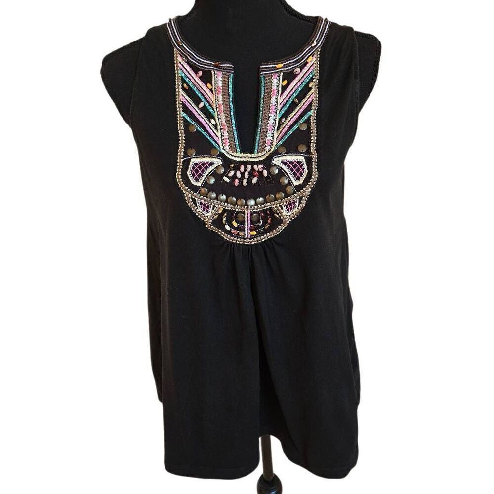 RXB Womens Embroidered Beaded Front 100% Cotton Sleeveless Top Black Medium